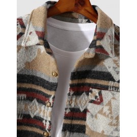 Men's Vintage Ethnic Aztec Geometric Print Pocket Design Woolen Shacket Jacket