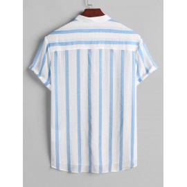 Vertical Striped Button Placket Stand Collar Popover Shirt